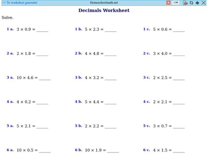 Decimals Worksheet 1: Multiplication 4 Worksheet