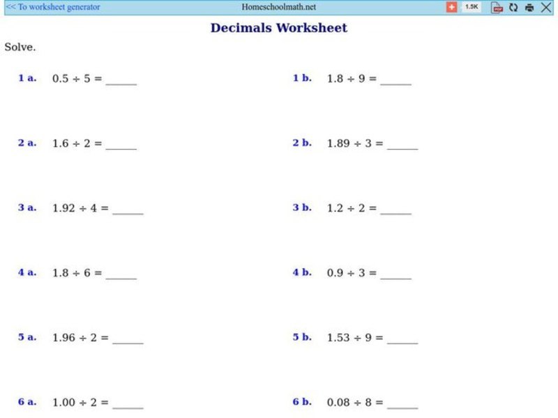 Decimals-Divide by Whole Numbers Worksheet