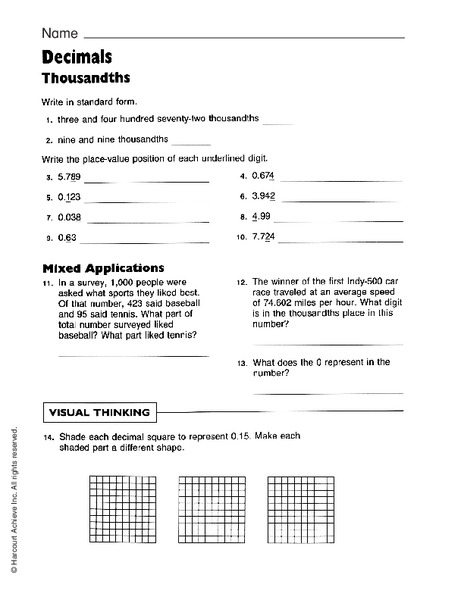 Decimals: Thousandths Worksheet