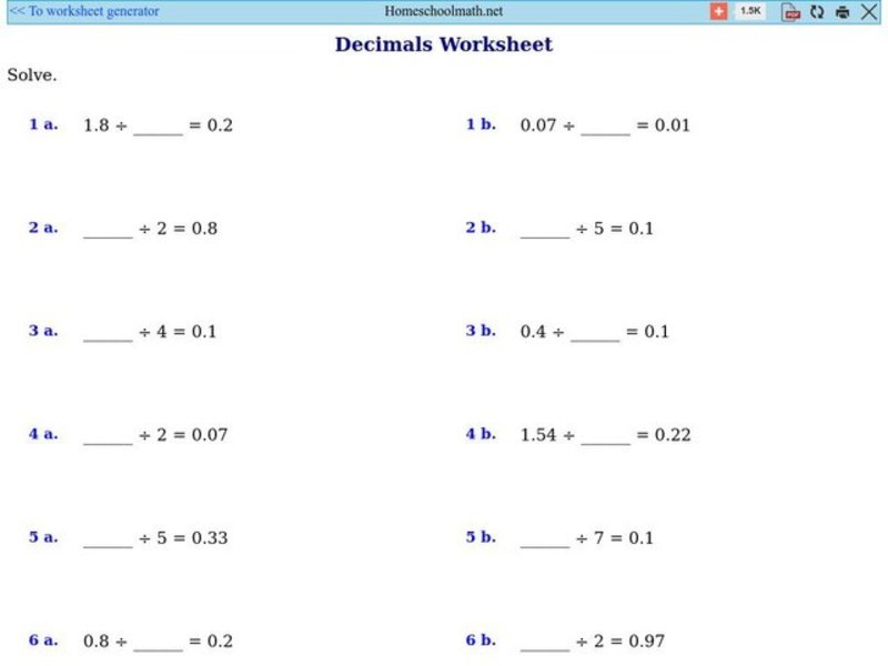 Decimals-Divide by Whole Numbers Worksheet