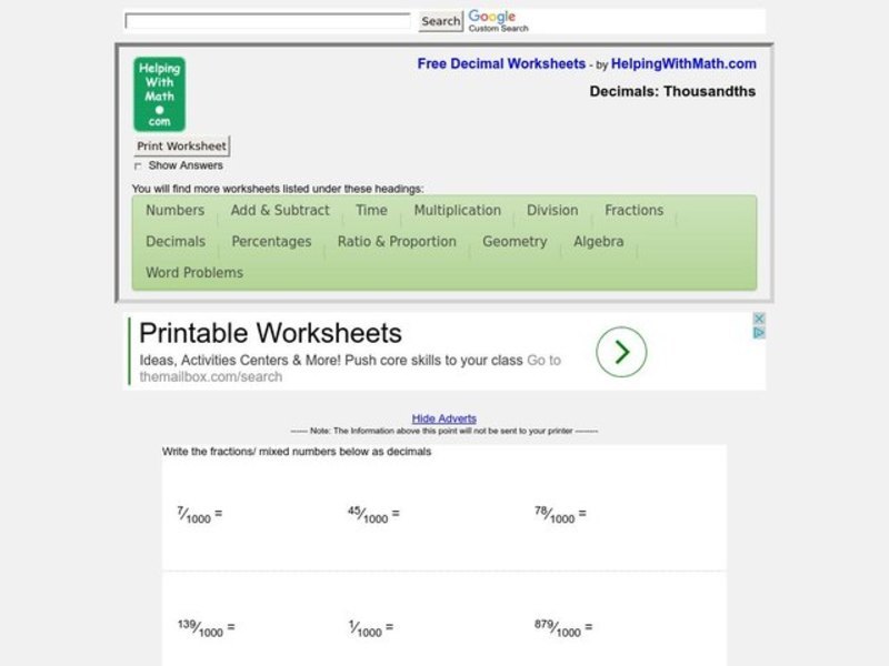 Decimals: Thousandths Worksheet