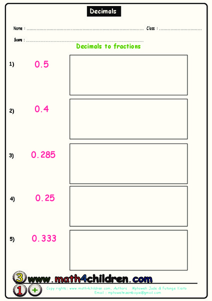Decimals to Fractions Worksheet