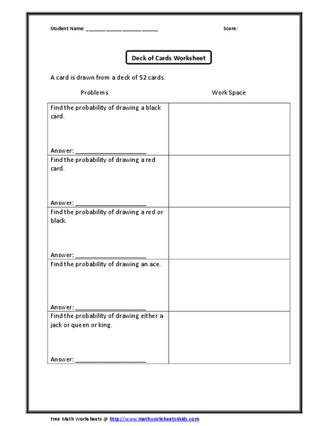 Deck of Cards Worksheet Worksheet