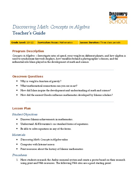 Discovering Math: Concepts in Algebra Lesson Plan