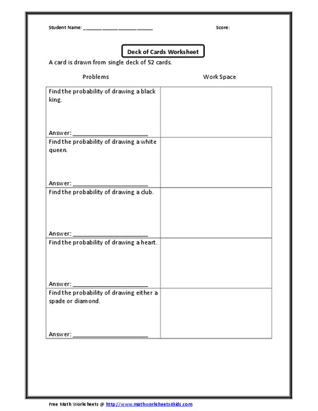 Deck of Cards Worksheet Worksheet
