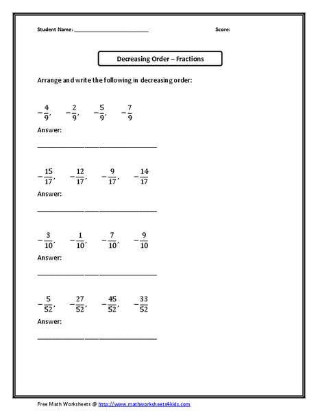 Decreasing Order-Fractions Worksheet