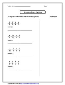 Decreasing Order-Fractions Worksheet