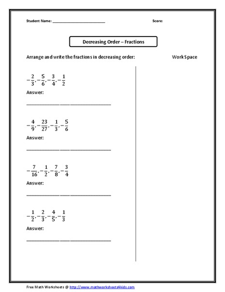 Decreasing Order-Fractions Worksheet