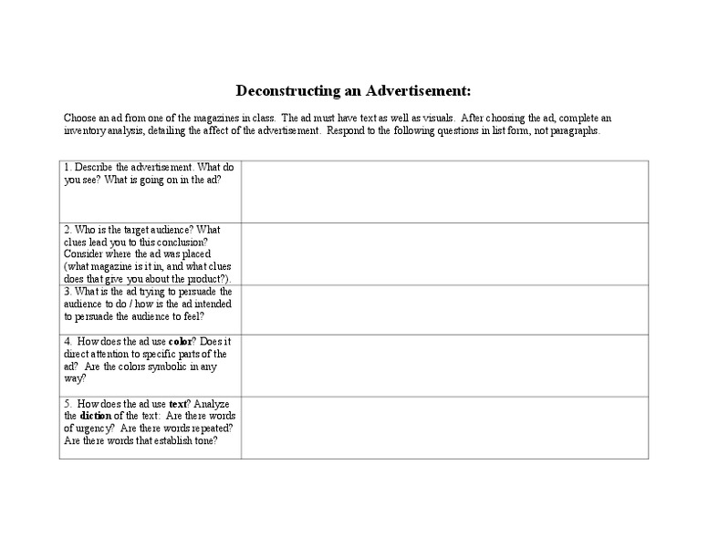 Deconstructing an Advertisement Worksheet