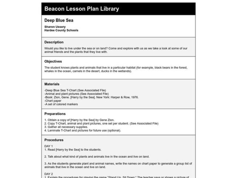 Deep Blue Sea Lesson Plan