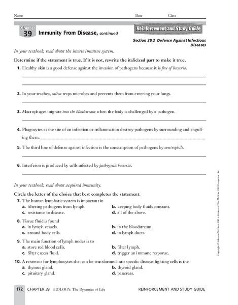 Defense Against Infectious Diseases Worksheet