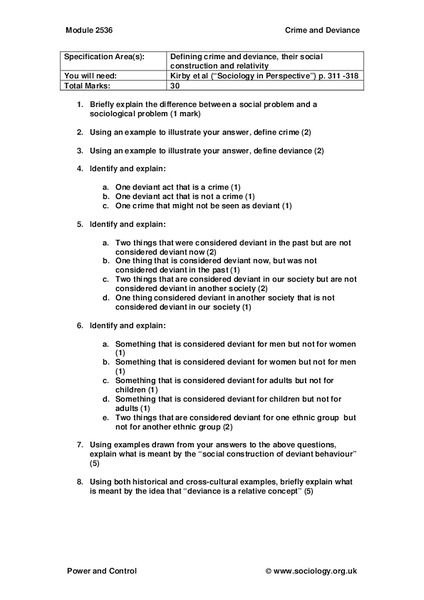 Defining Crime and Deviance Worksheet