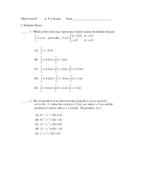 Definite Integrals Worksheet