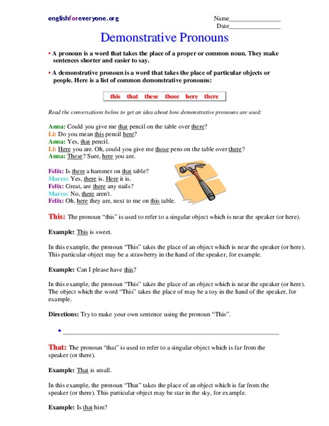 Demonstrative Pronouns Worksheet