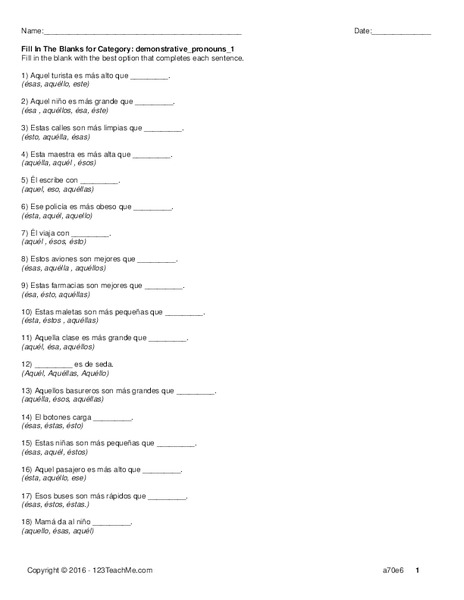 Demonstrative Pronouns Worksheet