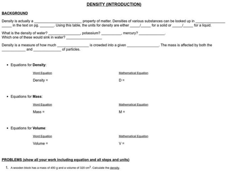Density Worksheet