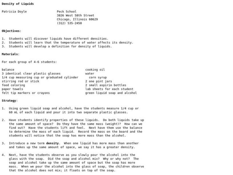 Density of Liquids Lesson Plan