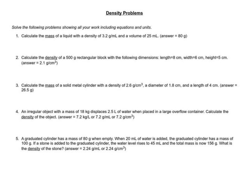 Density Problems Worksheet