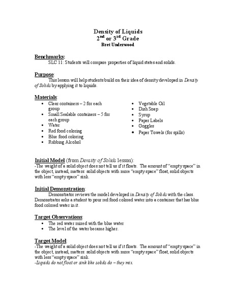 Density of Liquids Lesson Plan