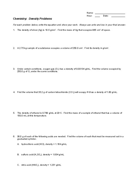 Density Problems Worksheet