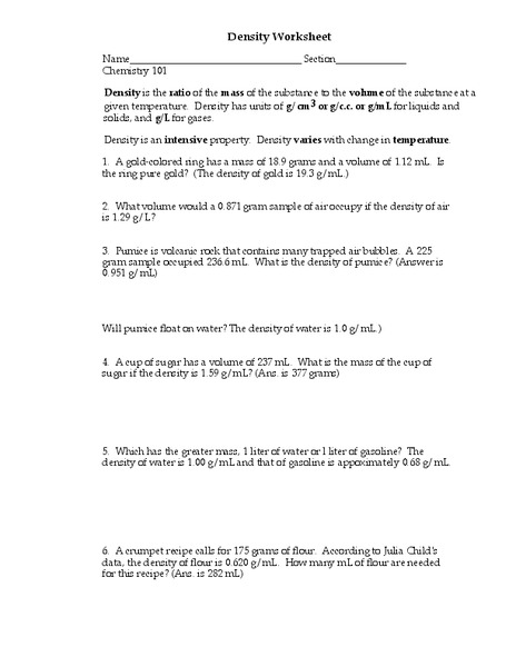 Density Worksheet Worksheet
