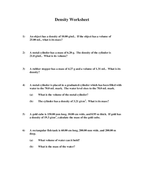 Density Worksheet Worksheet