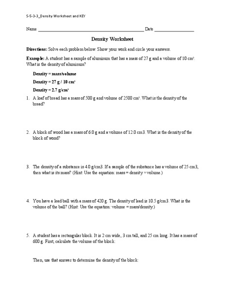 Density Worksheet Worksheet