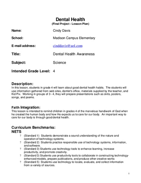 Dental Health Lesson Plan