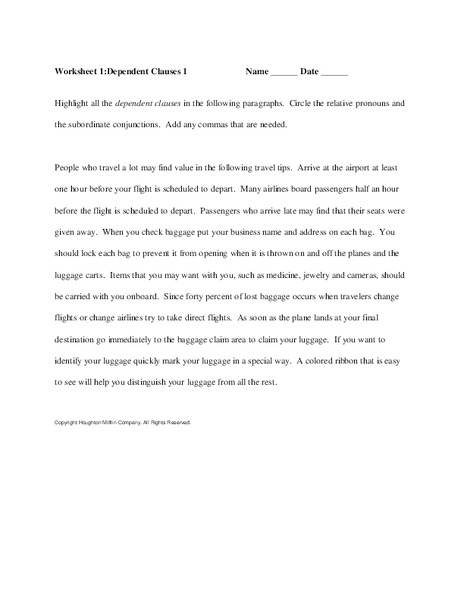 Dependent Clauses Worksheet
