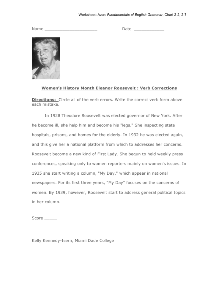 Women’s History Month Eleanor Roosevelt : Verb Corrections Worksheet