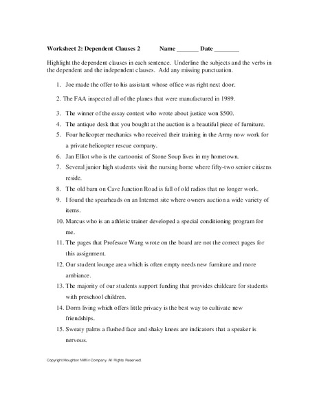 Dependent Clauses Worksheet