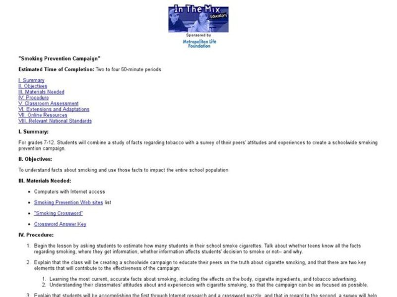 Smoking Prevention Campaign Lesson Plan