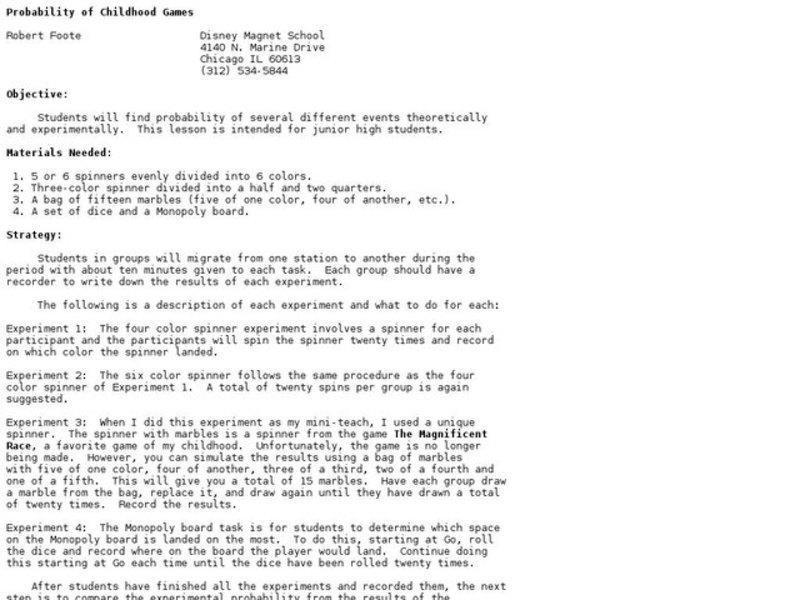 Probability of Childhood Games Lesson Plan