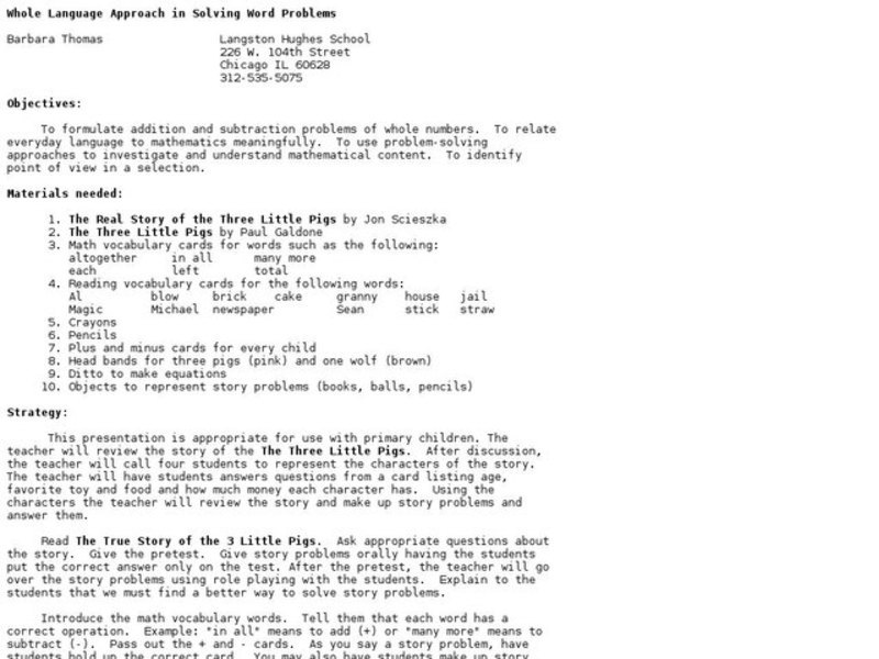 Whole Language Approach in Solving Word Problems Lesson Plan