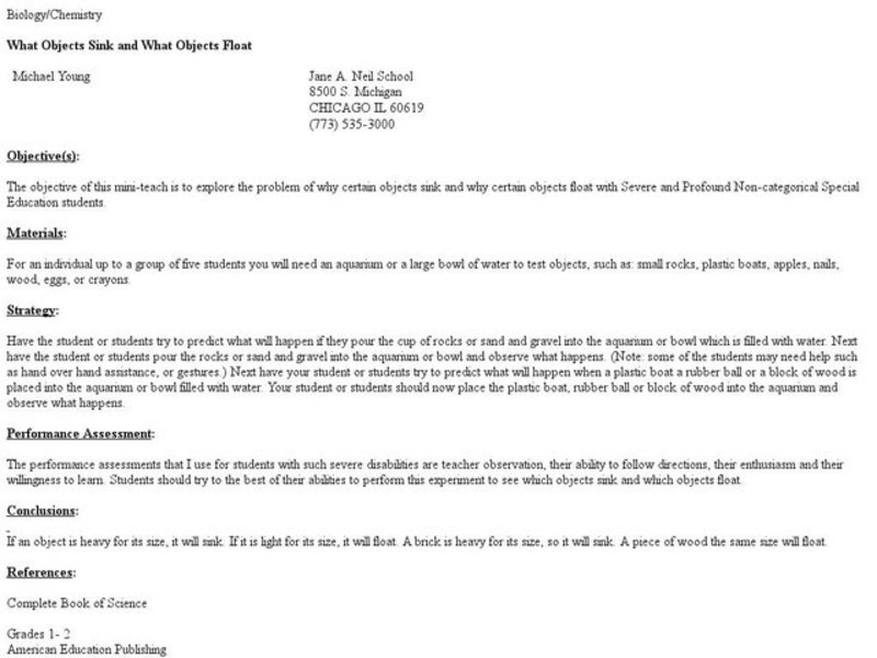 What Objects Sink and What Objects Float Lesson Plan