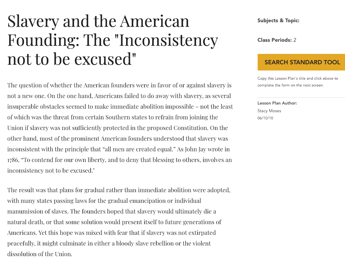 Slavery and the American Founding: The "Inconsistency Not to Be Excused" Lesson Plan