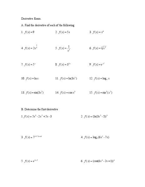 Derivative Exam Worksheet