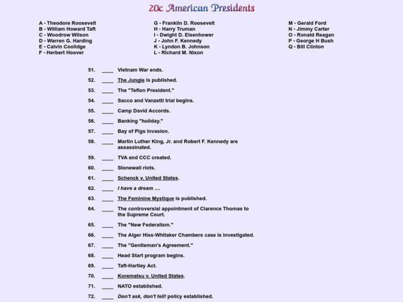 20C American Presidents Worksheet