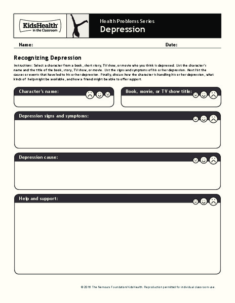 Handout: Depression (Grades 6 to 8) Worksheet
