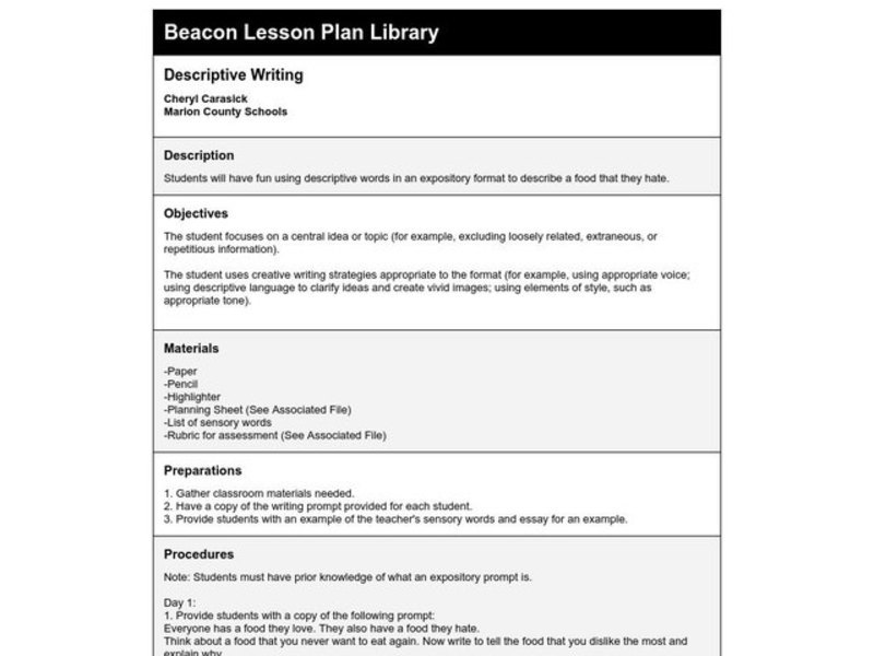 Descriptive Writing Lesson Plan