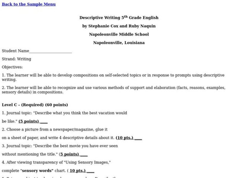 Descriptive Writing Lesson Plan