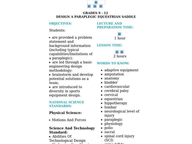 Design a Paraplegic Equestrian Saddle Lesson Plan