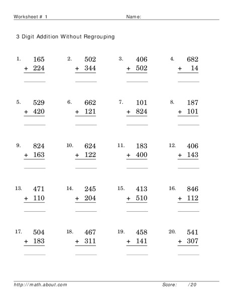 3 Digit Addition Without Regrouping Worksheet