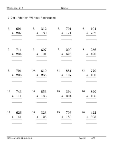 3 Digit Addition Without Regrouping Worksheet