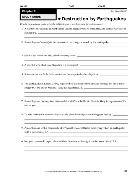 Destruction by Earthquakes Worksheet