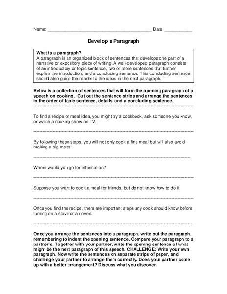 Develop a Paragraph Worksheet