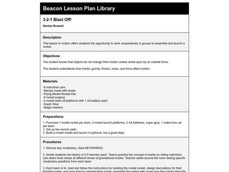 3-2-1 Blast Off! Lesson Plan