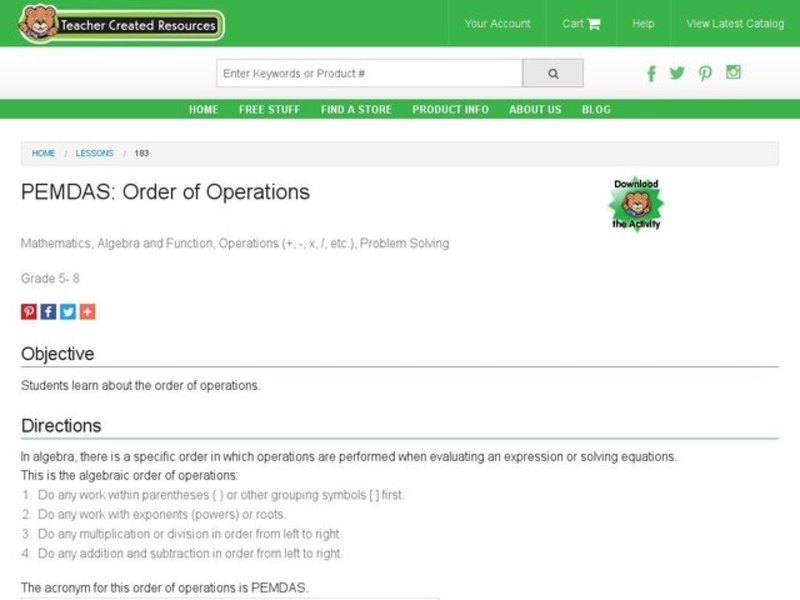 PEMDAS: Order of Operations Lesson Plan