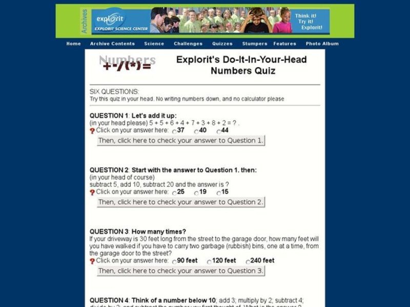 Explorit's Do-It-In-Your-Head Numbers Quiz Interactive