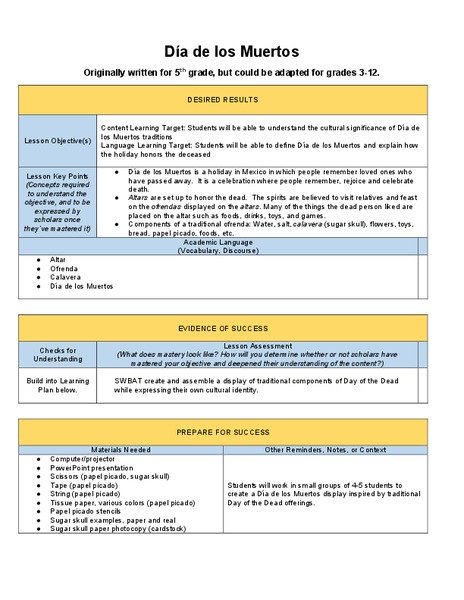 Dia de Los Muertos Lesson Plan